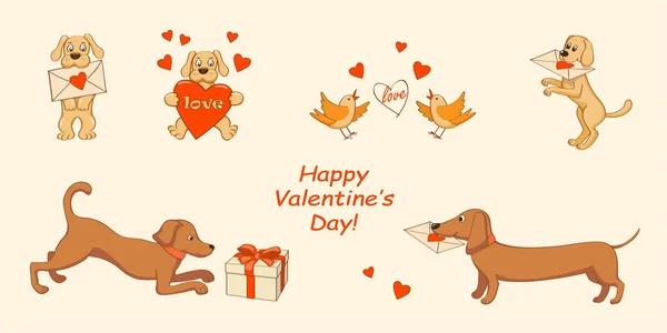 Conjunto Perros Dibujos Animados Con Carta San Valentín Corazones Pájaros — Archivo Imágenes Vectoriales