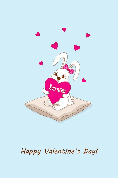 Cute cartoon bunny sitting on the pillow with hearts — Stock Vector