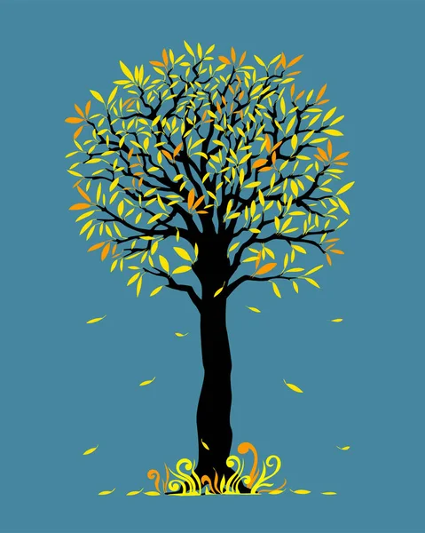 Árbol negro con hojas amarillas y naranjas y hierba en la oscuridad b — Vector de stock