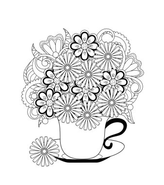 Çiçeklerle dolu bir kupa. Tebrik kartı için tek renkli illüstrasyon, çay partisi davetiyesi, yetişkin strese karşı boyama kitabı, ev sanatı, dekorasyon tişörtü, tunik, çanta, bulaşıklar, duvar resmi. 10 saniye.. 