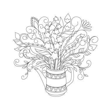 Süslü çizgileri olan beyaz çaydanlık ve elle çizilmiş çiçek buketi. Selamlama, davetiye kartı, yetişkin boyama kitabı, ev dekorasyonu, çay partisi için tek renkli görünüm çizimi. 10 saniye..