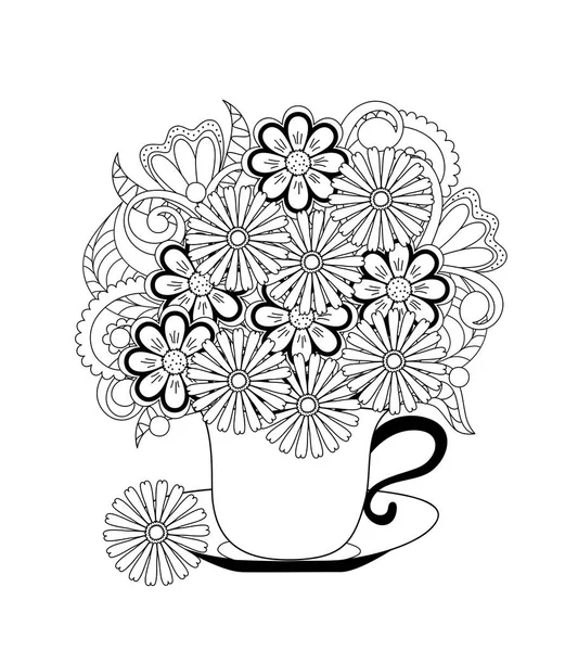 Coupe Dessinée Contour Avec Des Fleurs Illustration Monochrome Pour Carte — Image vectorielle