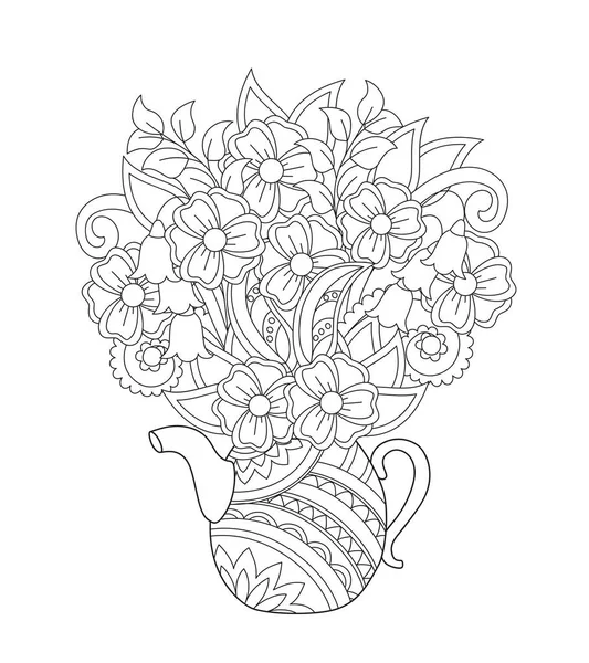 Dekoracyjny Czajniczek Ręcznie Rysowane Kwiaty Doodle Monochromatyczna Ilustracja Konturu Powitanie — Wektor stockowy