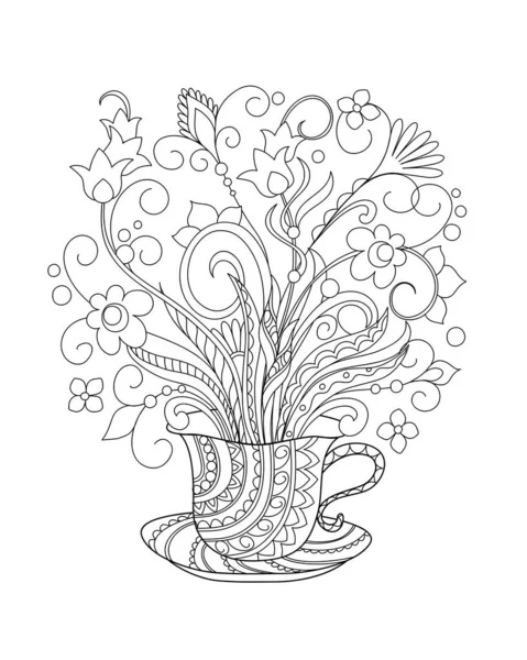 手描きのドアの花と観賞用カップ 招待カード 大人のぬり絵 家の装飾のためのモノクロームの輪郭図は ティーパーティー バッグ 料理を飾る 第10話 — ストックベクタ