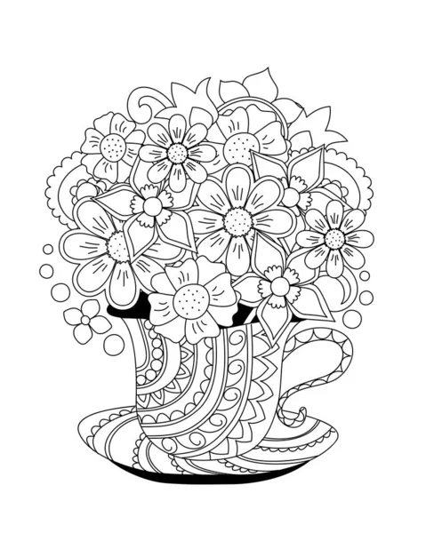 Copa Ornamental Con Flores Garabato Dibujadas Mano Ilustración Contorno Monocromático — Vector de stock