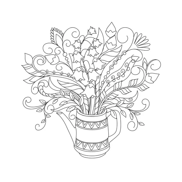 Biały Czajnik Linii Ozdobnych Ręcznie Rysowane Doodle Kwiatowy Bukiet Monochromatyczna — Wektor stockowy