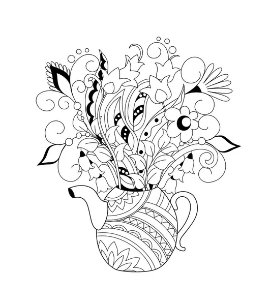 Zierteekanne Mit Handgezeichneten Doodle Blüten Monochrome Konturillustration Für Gruß Einladungskarte — Stockvektor