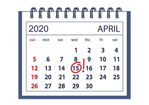 Page Calendrier Spirale Avril 2020 Avec Marquage Mercredi Avec Couleur — Image vectorielle