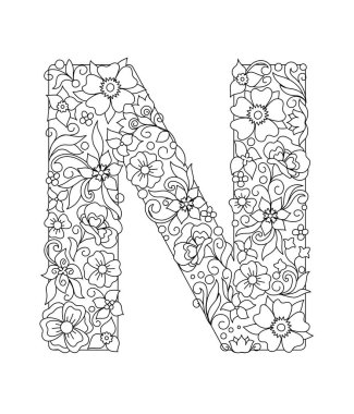 Büyük harf N, el çizimi, soyut çiçekler ve yapraklarla desenli. Tek renkli sayfa, stres önleyici yetişkin boyama kitabı. Vektör illüstrasyon çiçekli harfler İngilizce alfabesi. EPS 1
