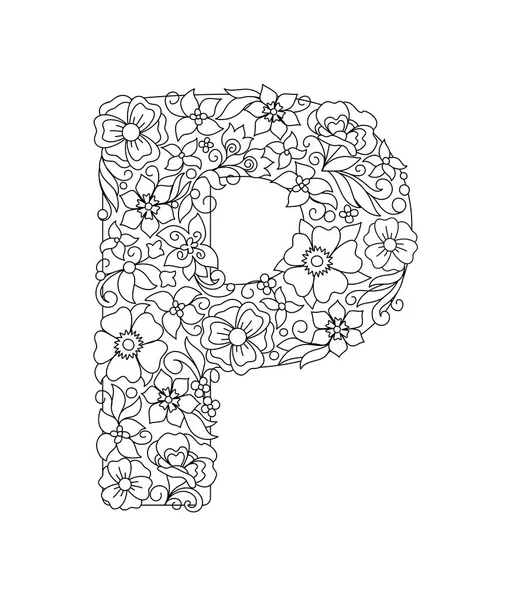 手書きの落書き抽象的な花や葉でパターン化された大文字P モノクロームのページ抗ストレス大人のぬり絵 ベクトルイラスト花文字英語のアルファベット Eps — ストックベクタ