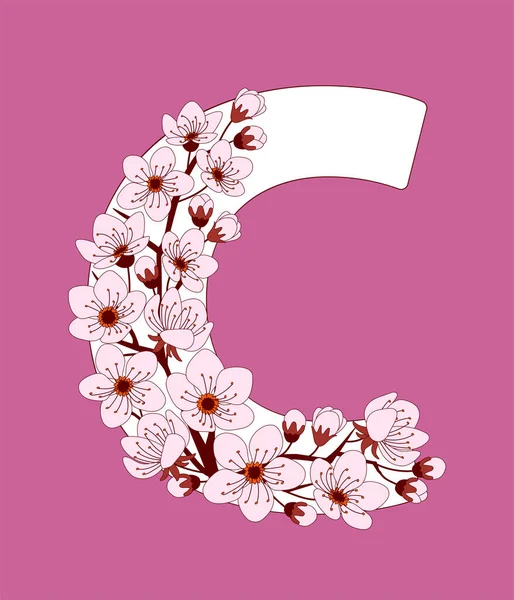 大写字母C用手绘的樱花涂鸦图案 彩色矢量插图字体与Sakura小枝 字母英文字母 Eps — 图库矢量图片