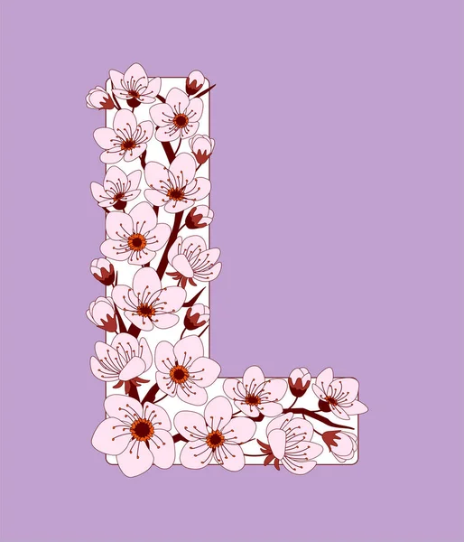 手描きの桜のドアフラワーをパターン化した大文字のL 桜の小枝とカラフルなベクトルイラストフォント アルファベットの手紙英語 Eps — ストックベクタ