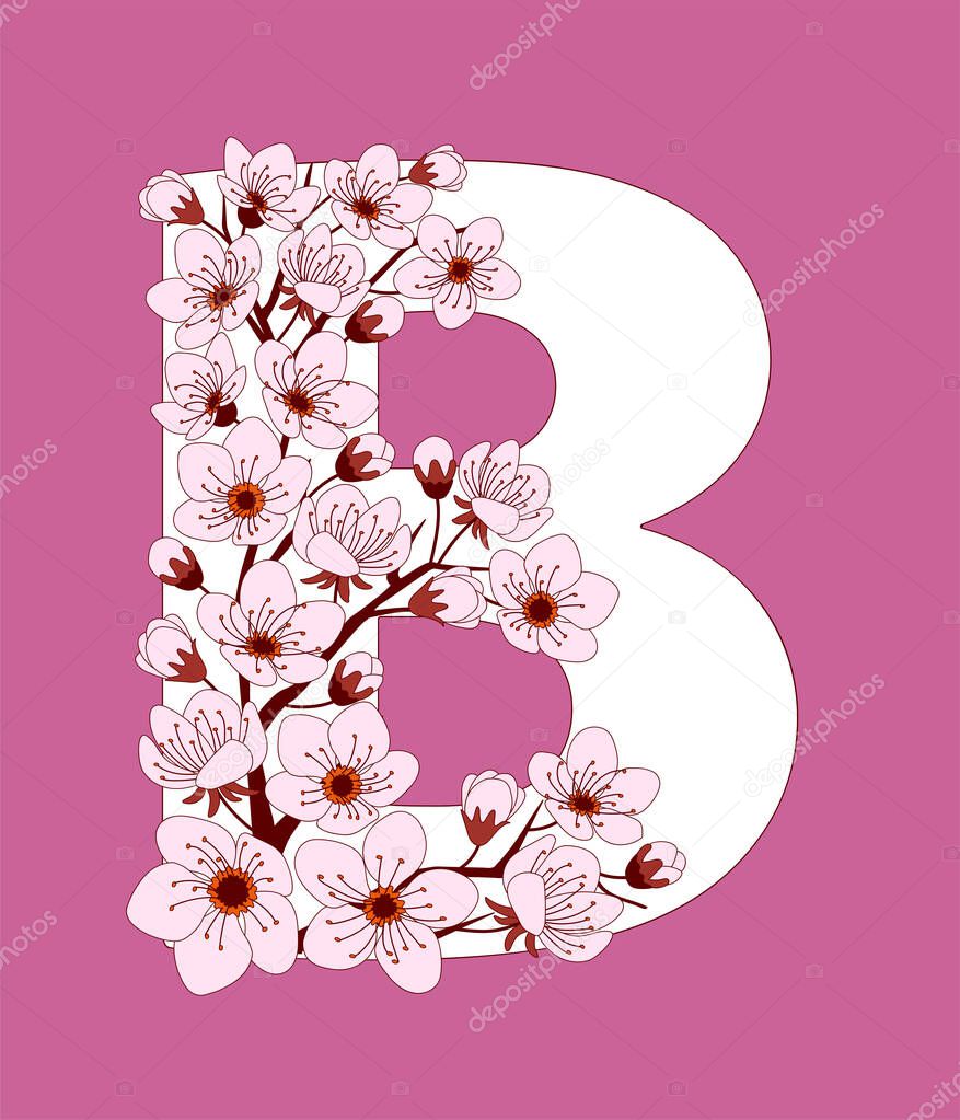 Capital letter B patterned with hand drawn doodle flowers of cherry blossom. Colorful vector illustration font with sakura twigs. Letter of alphabet English language. EPS 1