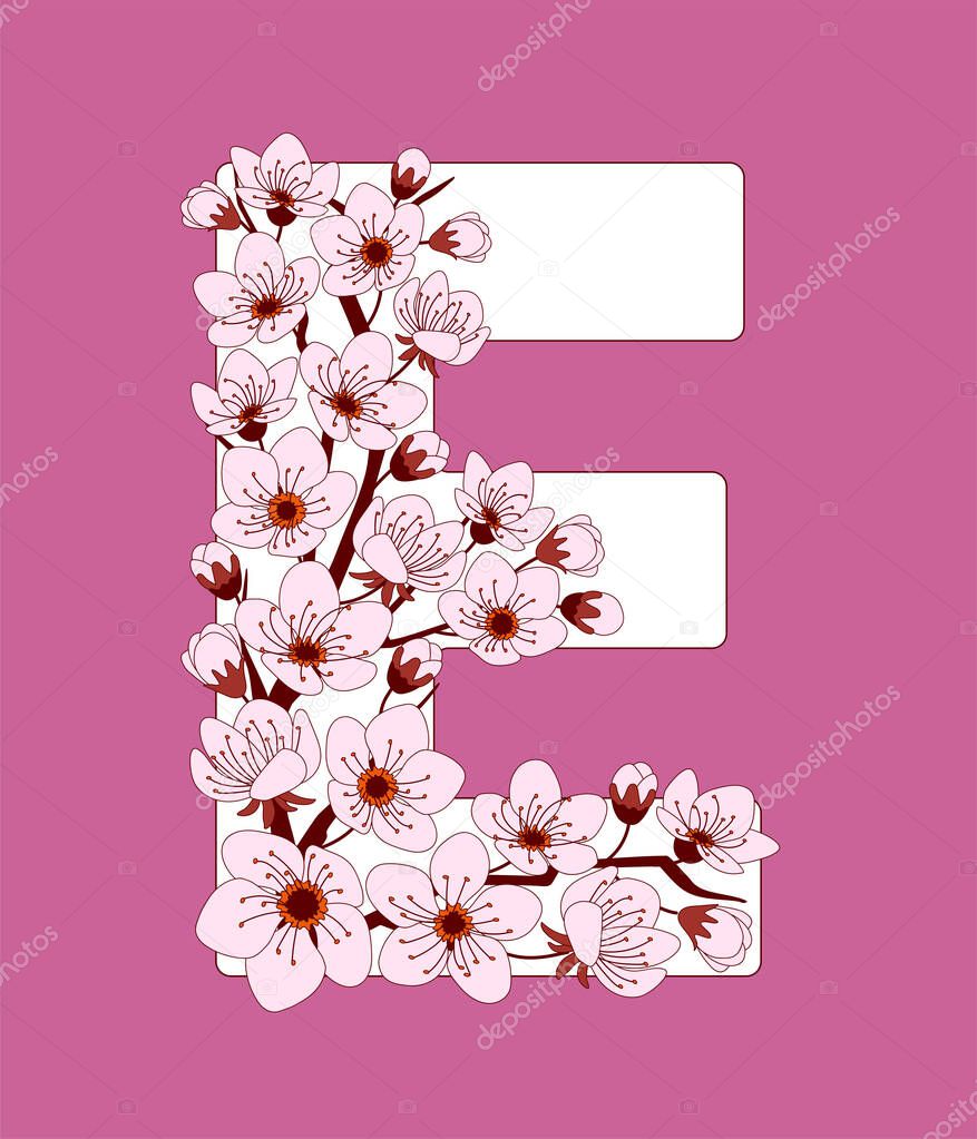 Capital letter E patterned with hand drawn doodle flowers of cherry blossom. Colorful vector illustration font with sakura twigs. Letter of alphabet English language. EPS 1