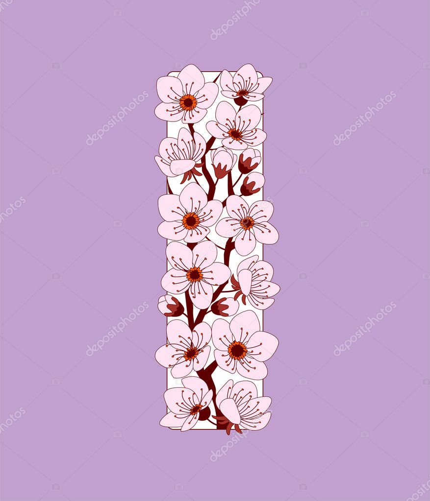 Capital letter I patterned with hand drawn doodle flowers of cherry blossom. Colorful vector illustration font with sakura twigs. Letter of alphabet English language. EPS 1