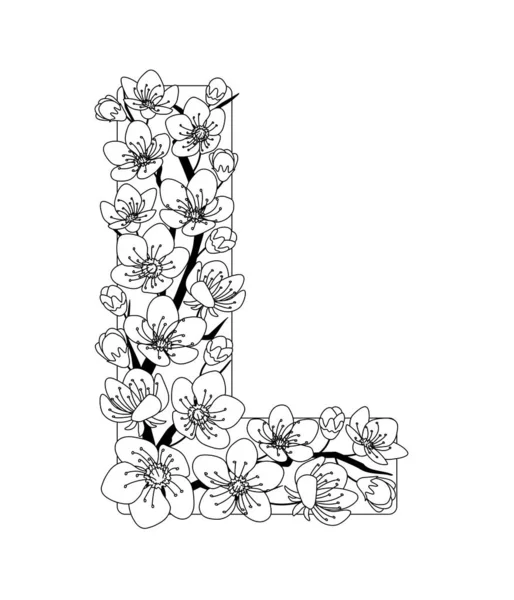 輪郭手描きのドードルフラワーチェリーでパターン化された大文字のL モノクロームのページ抗ストレス大人のぬり絵 ベクトルイラスト花文字英語のアルファベット Eps — ストックベクタ