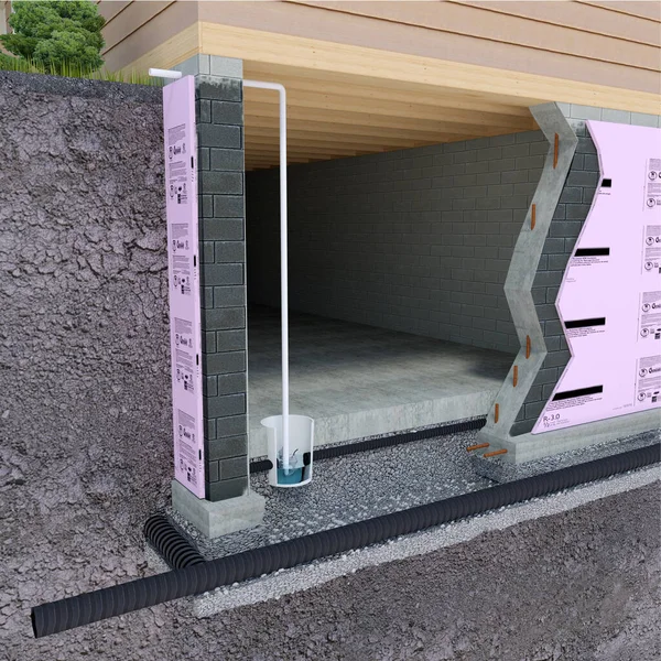 İnşaat metodunun bir ev vakfı için 3 boyutlu bir çizimi. Dökülen beton bodrum duvarları, demir ve yalıtım, çevre drenaj boruları, pompalı su boruları ve iç drenaj boruları..