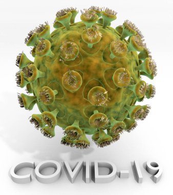 Covid-19 'un 3 boyutlu bir çizimi, 2019-2020 salgınından sorumlu olan ölümcül Coronavirüs Çin' in Wuhan şehrinde ortaya çıktı ve küresel çapta yayıldı..