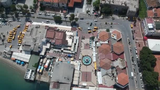 Aerial View Port Side City Boats Buildings Spring Time Kusadasi — Stock Video