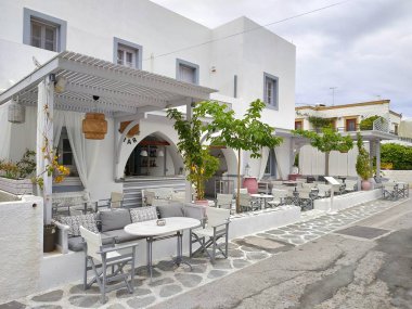 Patmos, Greece - May 07, 2019: view on the sea side streets in the village at sunny weather