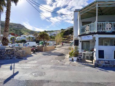 Patmos, Greece - May 07, 2019: view on the sea side streets in the village at sunny weather
