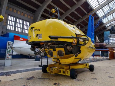 Cherbourg, France - October 16, 2019: objects and underwater submarines at maritime museum in Cherbourg clipart