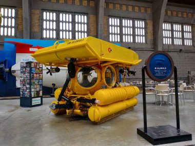 Cherbourg, France - October 16, 2019: objects and underwater submarines at maritime museum in Cherbourg clipart