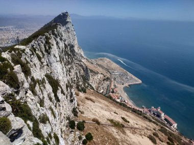 Güneşli yaz havasında Cebelitarık ve Büyük Kaya 'da panoramik manzaralı bir maymun.
