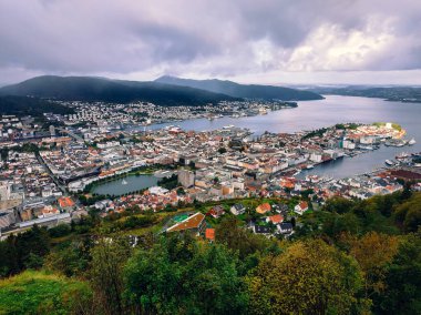 Norveç şehri Bergen caddelerinde panoramik manzara ve bulutlu havada binalar