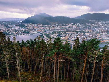 Norveç şehri Bergen caddelerinde panoramik manzara ve bulutlu havada binalar