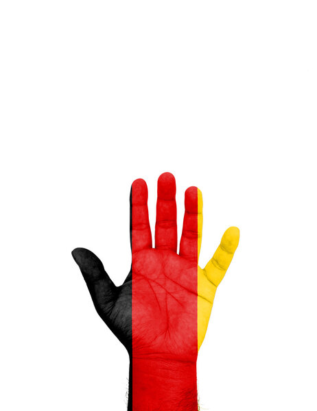 left hand of man on germany flag filter on isolate