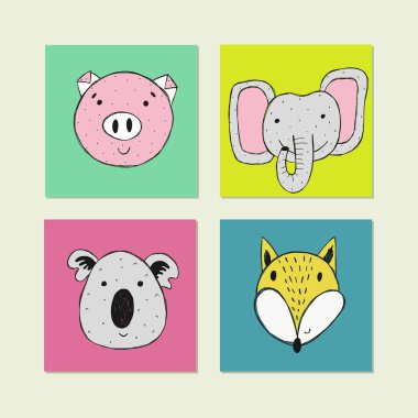 Vektör poster elle çizilmiş komik hayvan yüz ile.