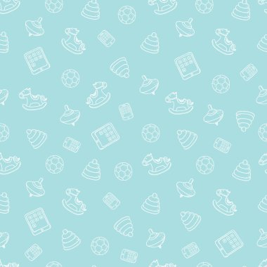 Kesintisiz en az vektör desen oyuncaklarla. Piramit, eğlenceyi, telefon, tablet, top ve sallanan at. Kartlar, Davetiyeler, bebek duş albümleri, arka planlar, scrapbooks için.