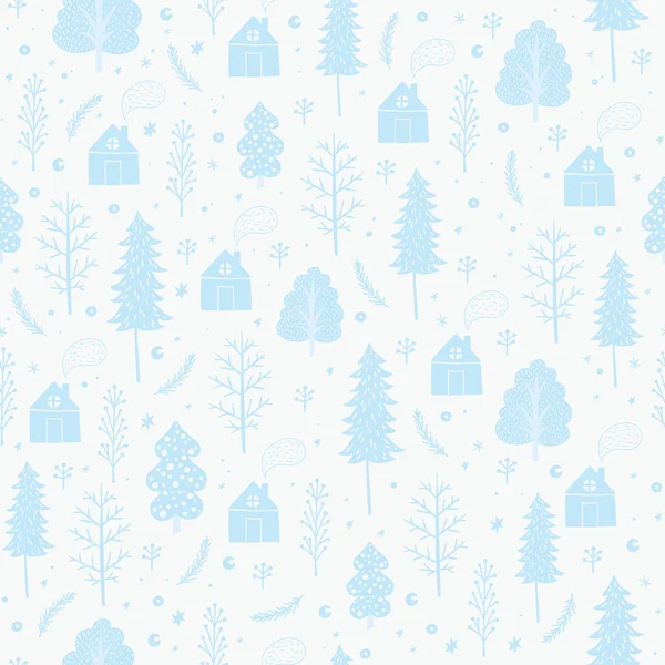 Confortable motif sans couture de Noël composé d'arbres d'hiver, de maisons et de flocons de neige en vecteur. Modèle sans couture peut être utilisé pour les fonds d'écran, remplissage de modèle, arrière-plans de page Web, textures de surface . — Image vectorielle