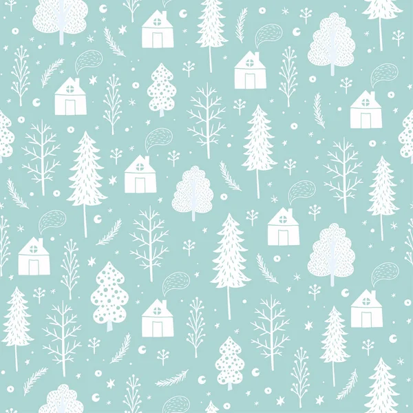 Acogedor patrón de Navidad sin costuras hecho de árboles de invierno, casas y copos de nieve en vector. Patrón sin costura se puede utilizar para fondos de pantalla, rellenos de patrones, fondos de página web, texturas de superficie . — Vector de stock