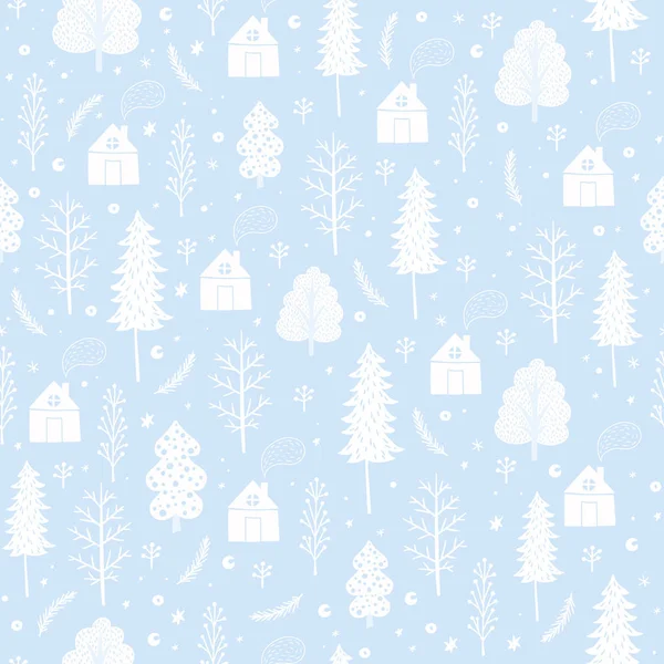 Kuscheliges Weihnachtsmuster aus Winterbäumen und Schneeflocken. — Stockvektor