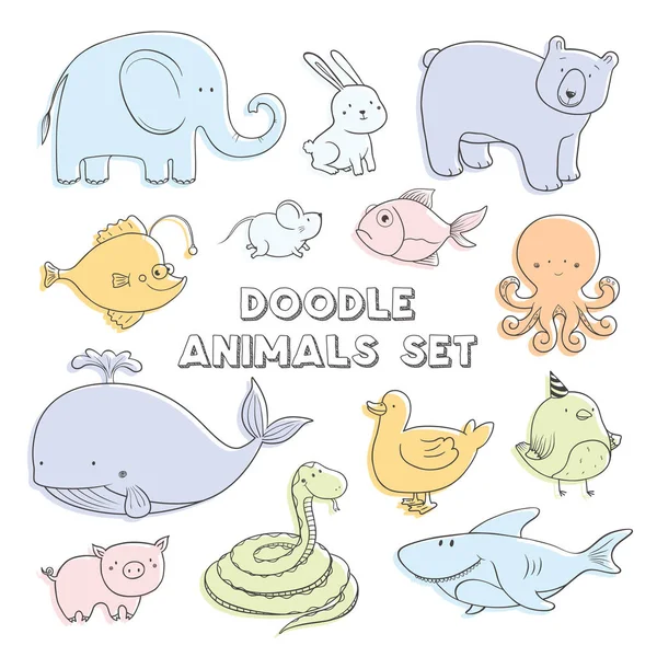 Cute pastel color vector cartoon doodle animals. Lovely sketch collection. — Stock Vector