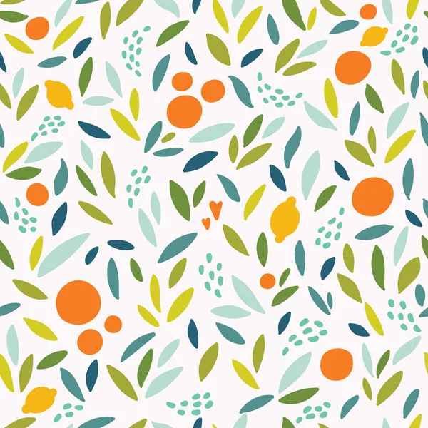 Charmant vecteur coloré motif sans couture avec des oranges mignonnes, citrons et feuilles dans des couleurs vives . — Image vectorielle