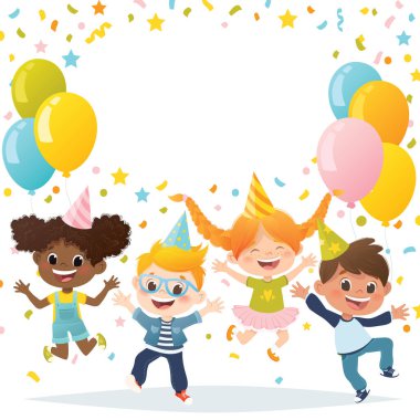 Partide zıplayan ve gülen çok ırklı çizgi film karakterleri. Davetiye kartı tasarımı.