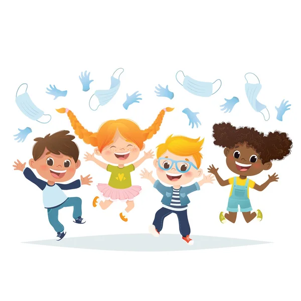 Vector Conjunto Dibujos Animados Niños Multirraciales Saltando Riendo Stop Covid19 — Vector de stock