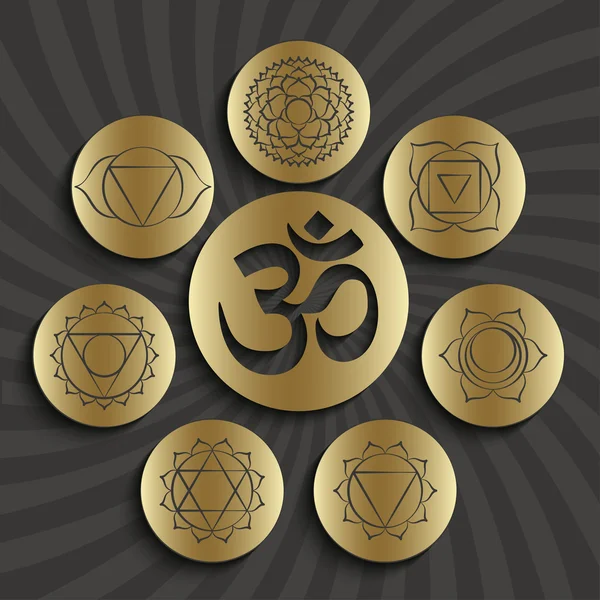 Chakra pictogramas e símbolo OM no centro. Conjunto de elementos utilizados no Hinduísmo, Budismo e Ayurveda . — Vetor de Stock