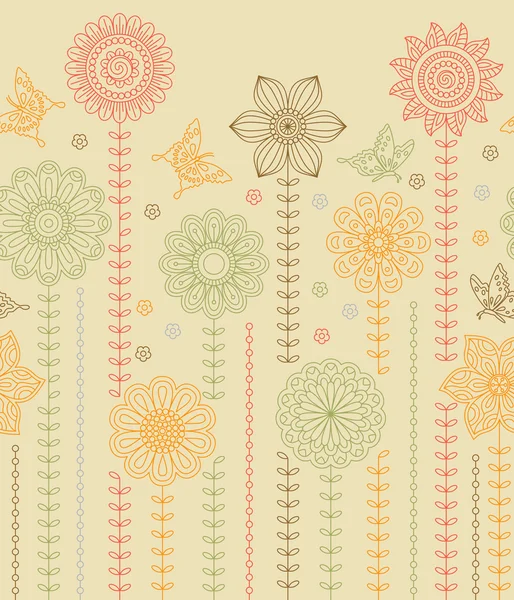 Fond de bordure florale composé de nombreuses fleurs et papillons gribouillis. Modèle sans couture. Illustration vectorielle . — Image vectorielle