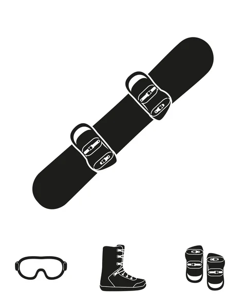 Snowbord et son équipement mis isolé sur le fond blanc. Design de silhouette. Série d'icônes de ski . — Image vectorielle