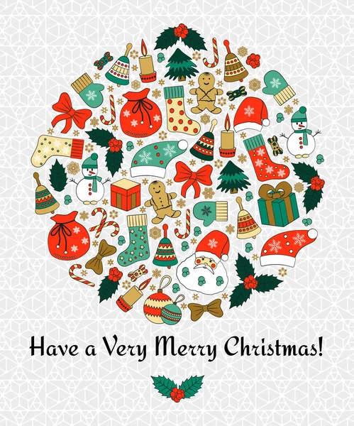 Carte de vœux ronde de Noël avec texte Joyeux Noël et de nombreux gribouillis d'hiver. Père Noël, jouets, biscuits, bonhommes de neige, sapin, bonbons, chaussettes, cadeaux, arcs, flocons de neige, étoiles, houx, mitaines, etc. . — Image vectorielle