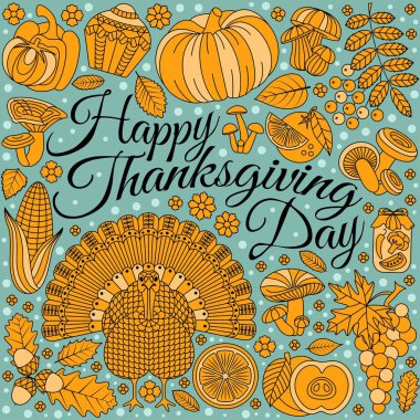 Şükran Günü tebrik kartı. Tasarım için çeşitli öğeleri. Çizgi film vektör çizim. Tatil arka plan.