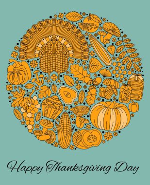 Şükran Günü tebrik kartı. Tasarım için çeşitli öğeleri. Çizgi film vektör çizim. Yuvarlak şekil.