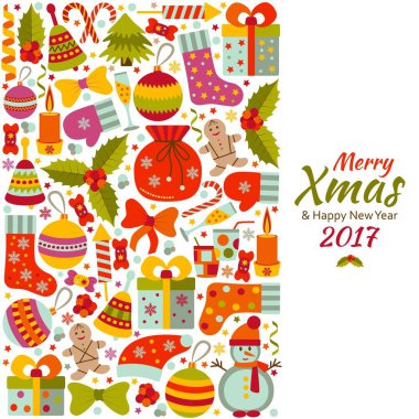 Noel tebrik kartı metinle Merry Xmas ve birçok kış oyuncaklar doodle. Vektör çizim.