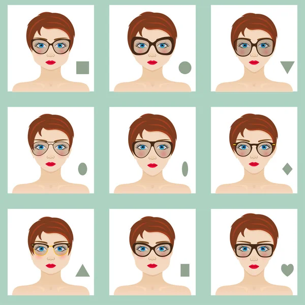 Female face shapes set. Nine icons. Girls with blue eyes, red lips and brown hairs. Glasses suitable for different women. Colorful vector illustration. Stock Illustration