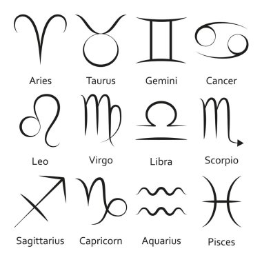 Burç ayarlayın. Beyaz arka planda izole siluet. Vektör çizim. Mobil uygulamalar, Astroloji, bilim şablon temelli.
