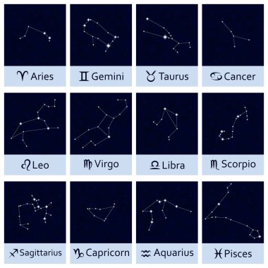 Zodyak işareti. Tüm Astroloji takımyıldızı yıldız kümesi. Yıldız ve bokeh arka ile soyut alanı gece gökyüzü arka plan. Vektör çizim. Mobil uygulamalar, Astroloji, bilim şablon temelli.